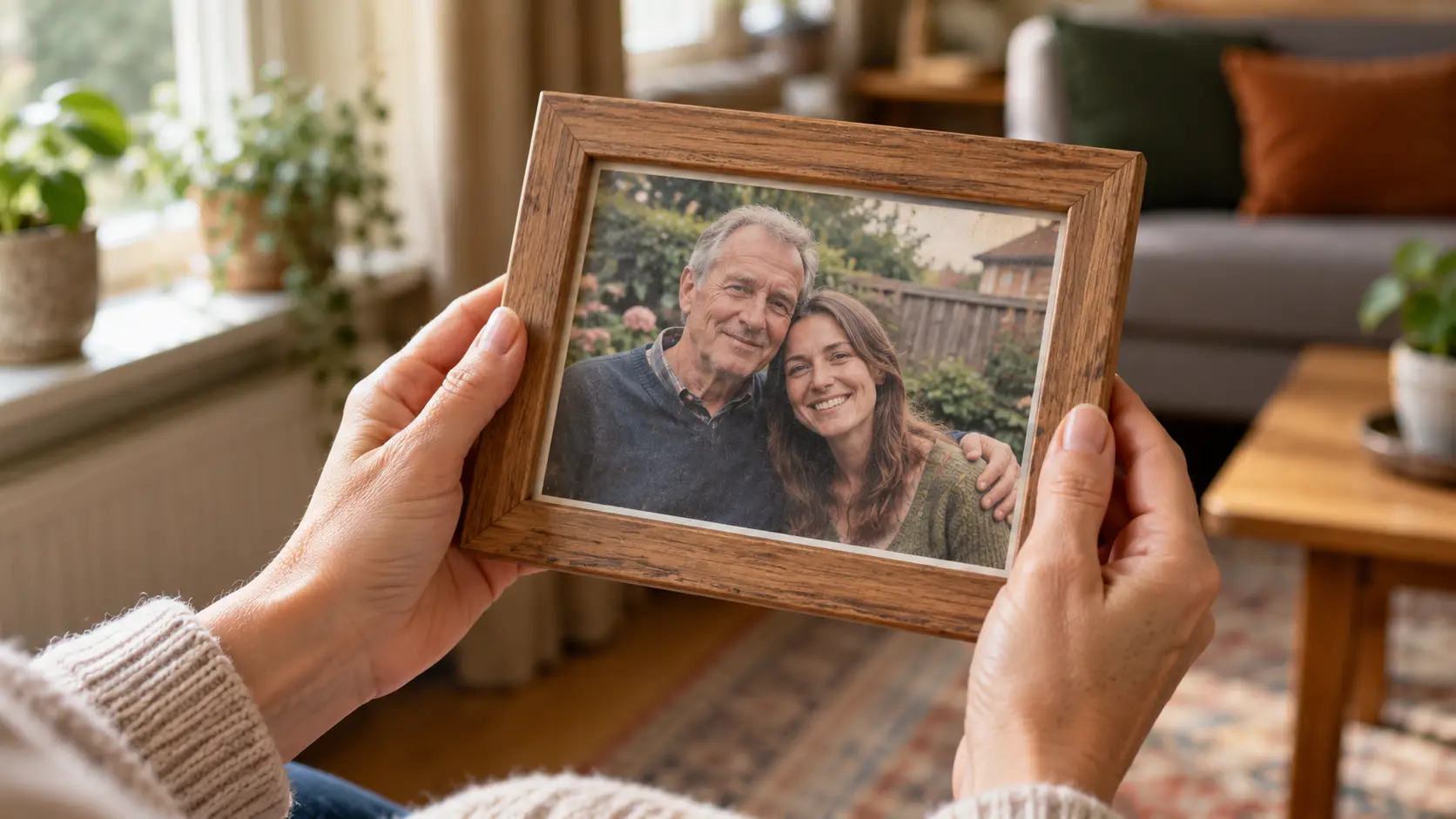 Handen houden een houten fotolijstje vast met een familiefoto van een vader en dochter.