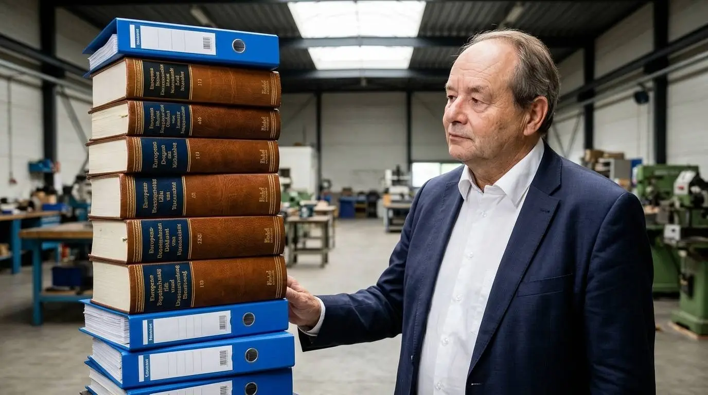 D66-minister Hans Vijlbrief naast een stapel wetboeken en ordners in een Nederlandse mkb-bedrijfshal