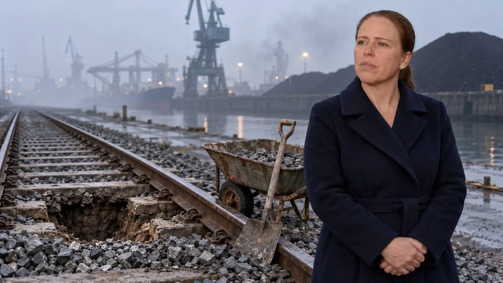 Illustratie van Carola Schouten bij een havenspoor met uitgegraven ballast, een kruiwagen en een schep, met havenkranen en een kolenberg in de mist.