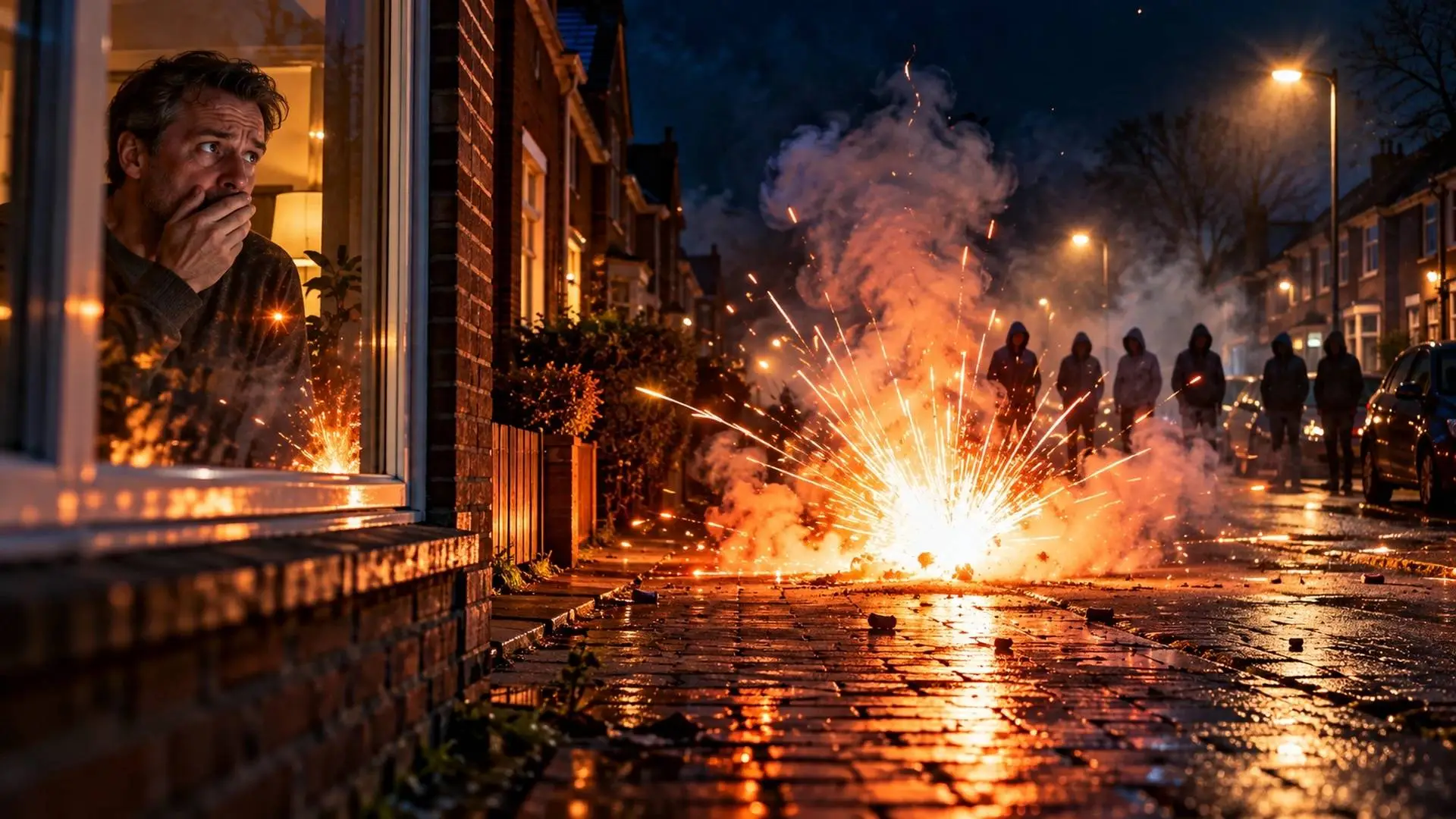 Vuurwerkexplosie in een donkere woonstraat terwijl een bewoner angstig toekijkt, symbool voor de jeugdoverlast in Heerenveen