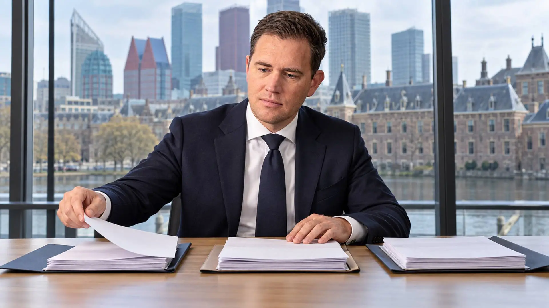 Illustratie van Eelco Heinen aan een vergadertafel met verschillende belastingdossiers.