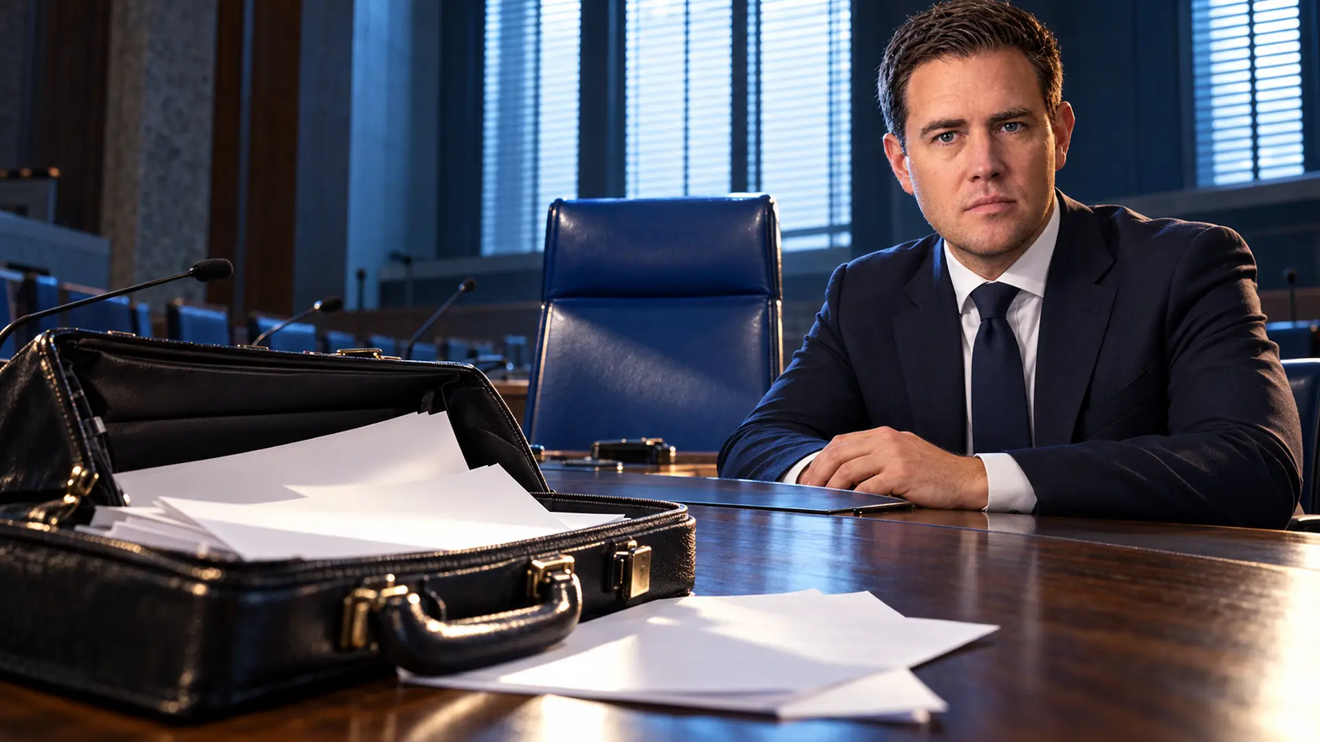 Illustratie van Eelco Heinen in een commissiezaal, naast een lege blauwe ministerstoel en een open aktetas met blanco papier.