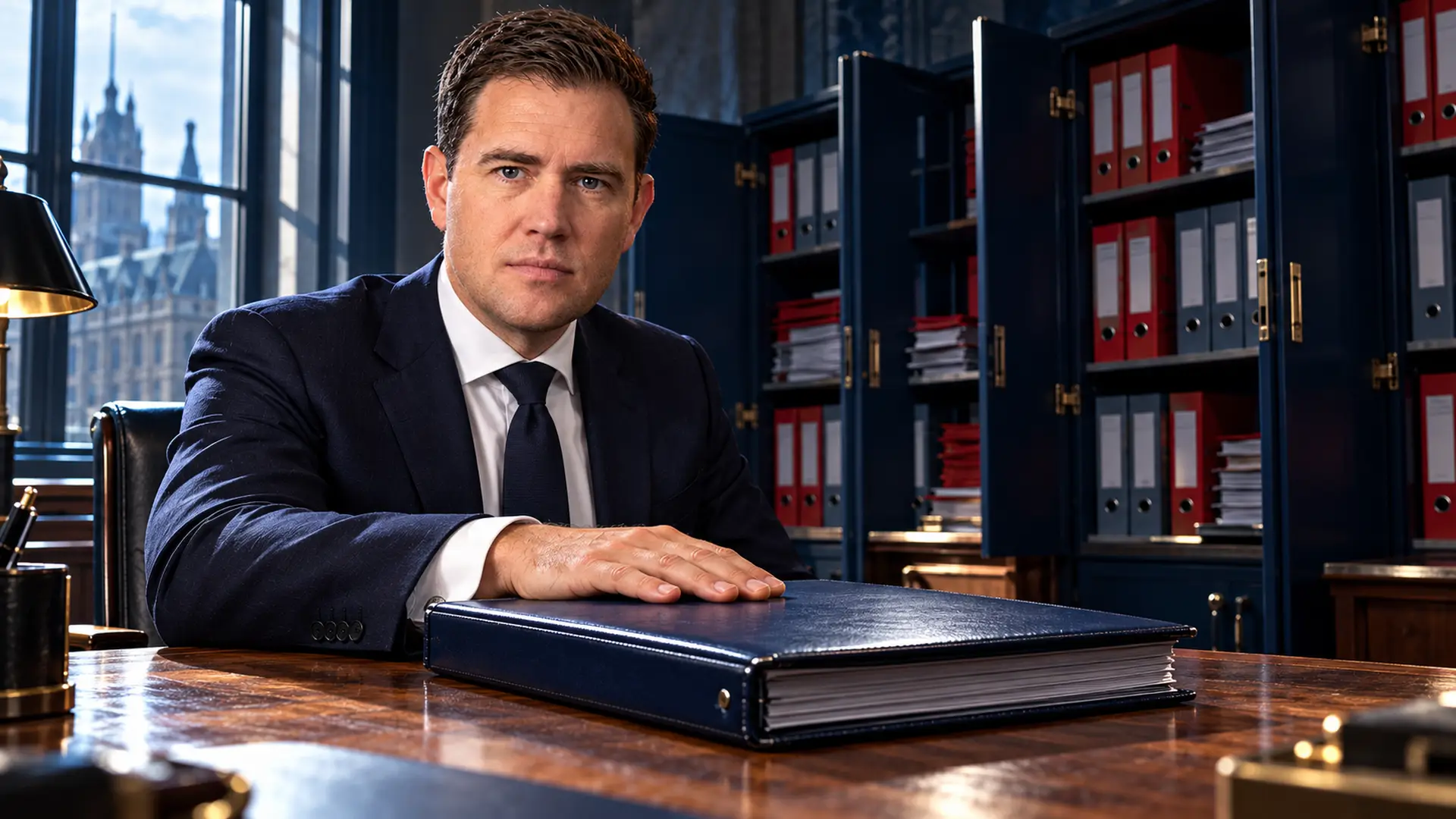Illustratie van Eelco Heinen met zijn hand op een gesloten dossiermap, voor volle open archiefkasten.