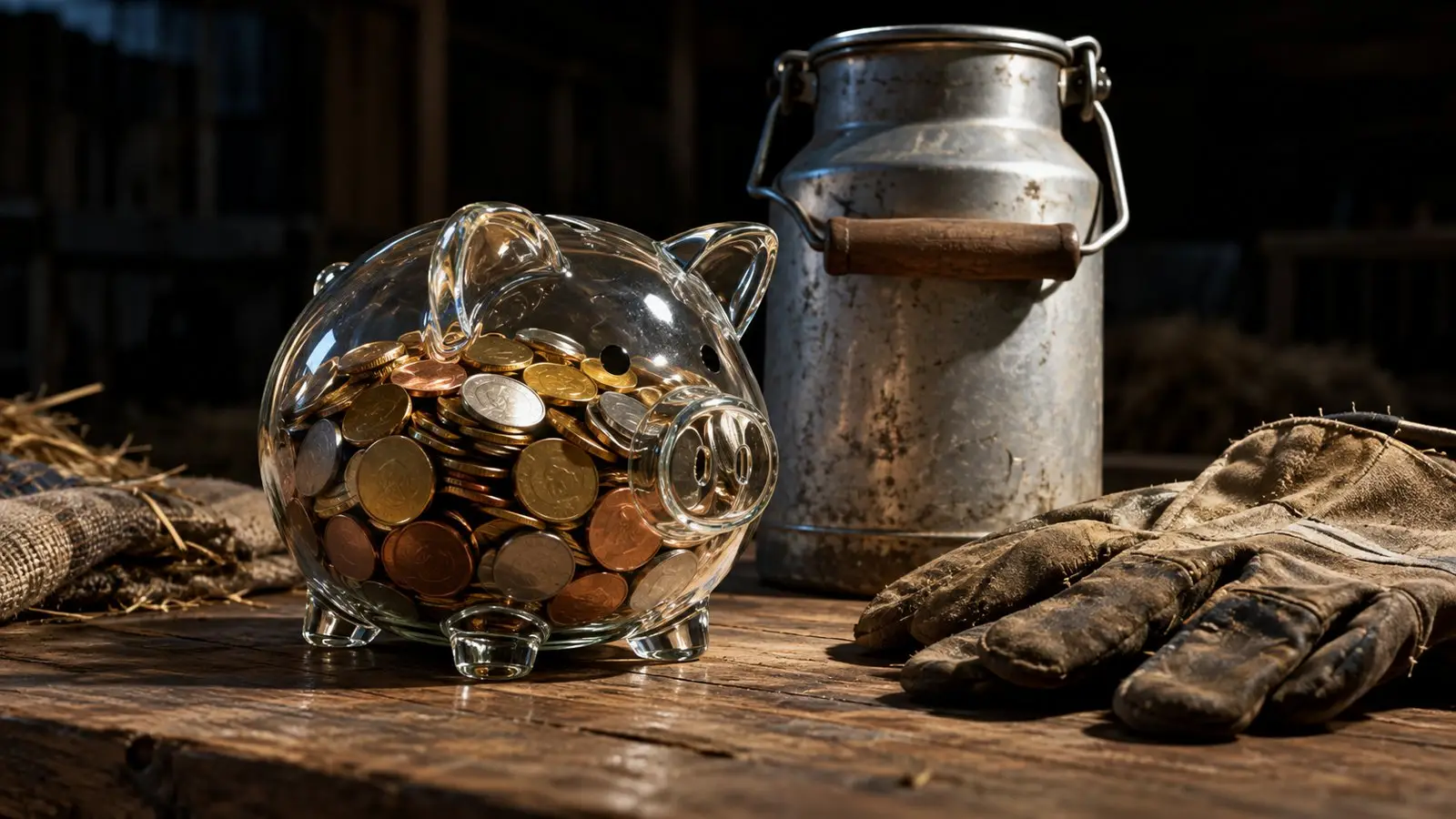 Glazen spaarpot met munten naast een melkkan en werkhandschoenen op een houten tafel