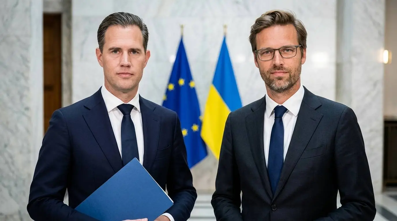 VVD-minister Eelco Heinen en D66-minister Sjoerd Sjoerdsma voor Europese en Oekraiense vlaggen over miljardensteun