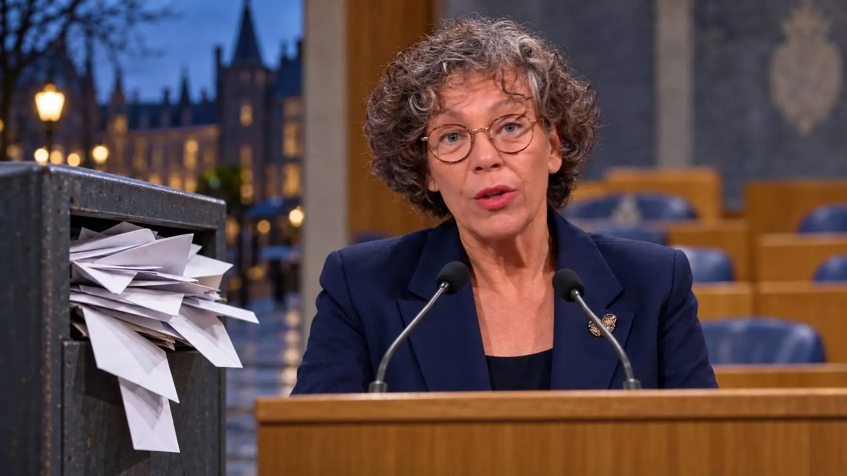 Illustratie van Heleen Herbert achter een spreekgestoelte, met op de voorgrond een merkloze straatbrievenbus waar enveloppen uit puilen.