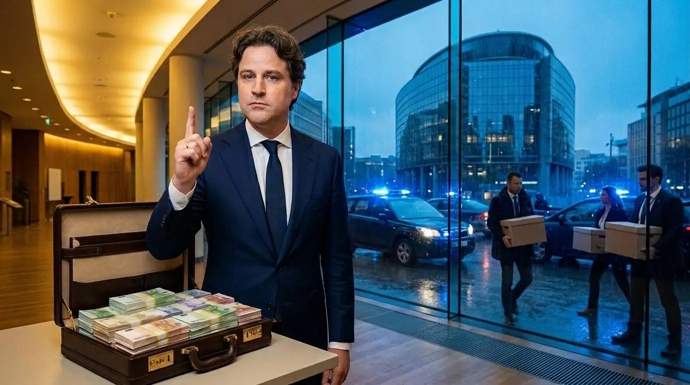 AI-illustratie: Henri Bontenbal heft zijn vinger bij een koffer vol geld, buiten dragen rechercheurs dozen weg in Brussel