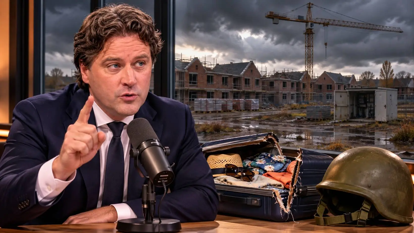 AI-illustratie van Henri Bontenbal met opgestoken vinger aan een radiotafel, naast een opengeknipte vakantiekoffer en militaire helm, met een verlaten woningbouwplaats achter het raam.
