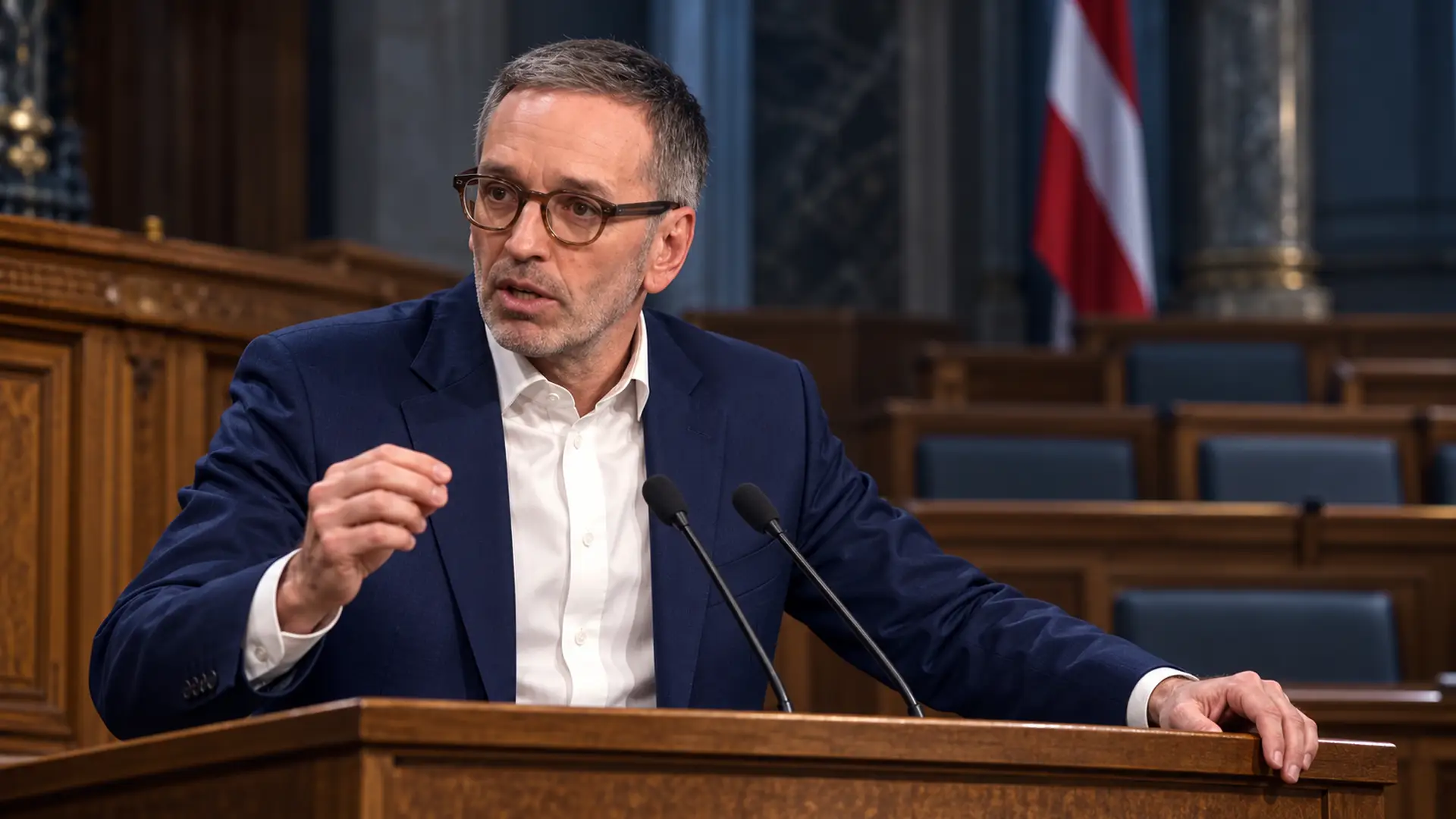 Illustratie van Herbert Kickl achter het spreekgestoelte in het Oostenrijkse parlement.