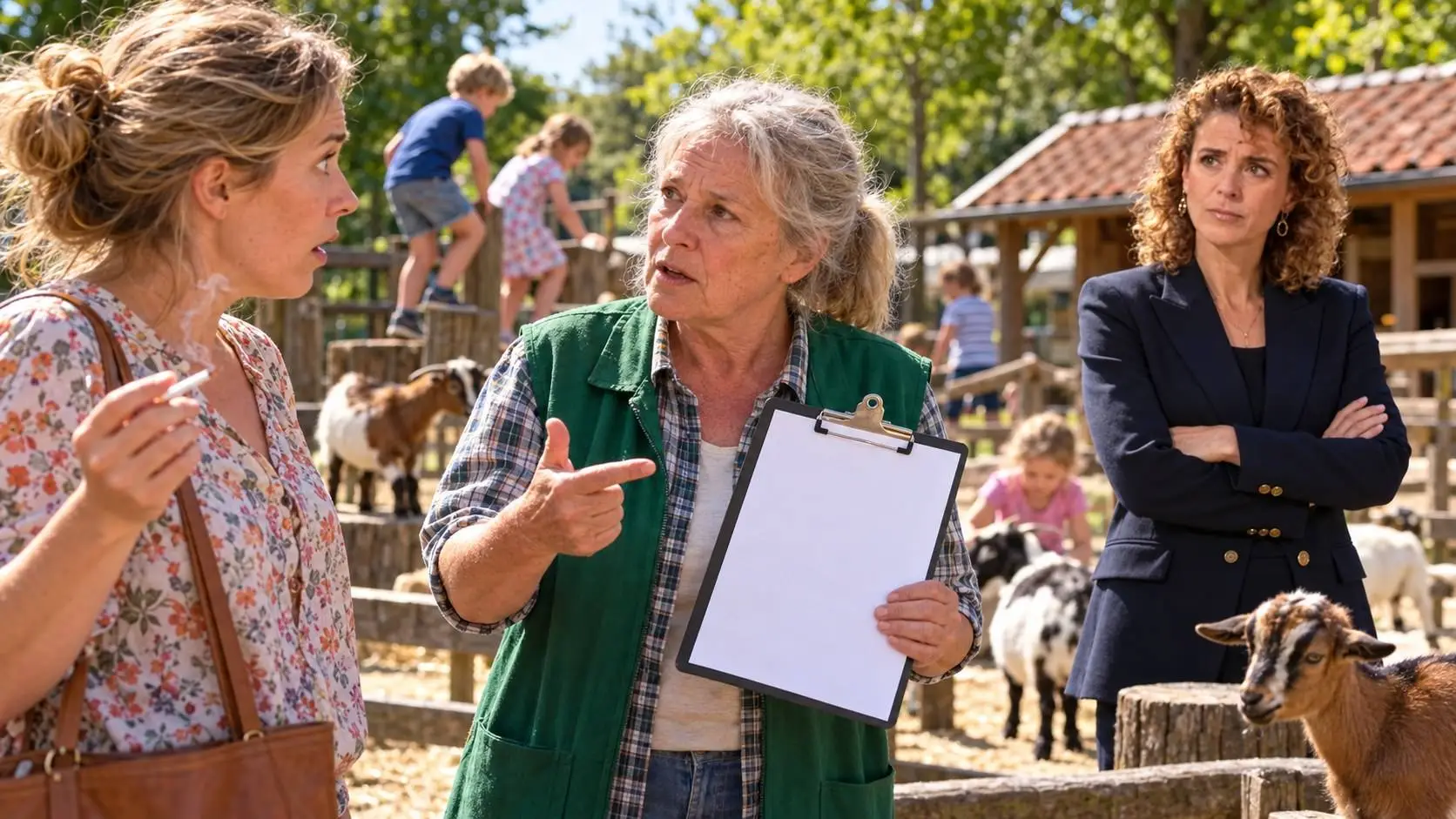 Vrijwilliger met klembord spreekt een rokende moeder aan op een kinderboerderij met geiten, Hermans kijkt toe
