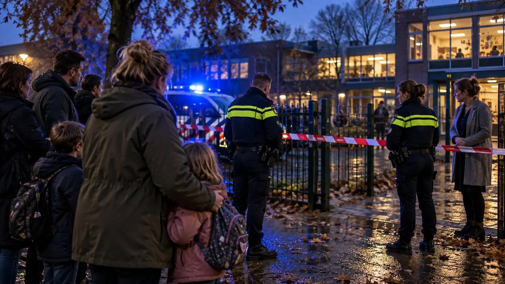 Agenten bij afzetlint voor een basisschool in de schemering, ouders met kinderen kijken toe in blauw zwaailicht