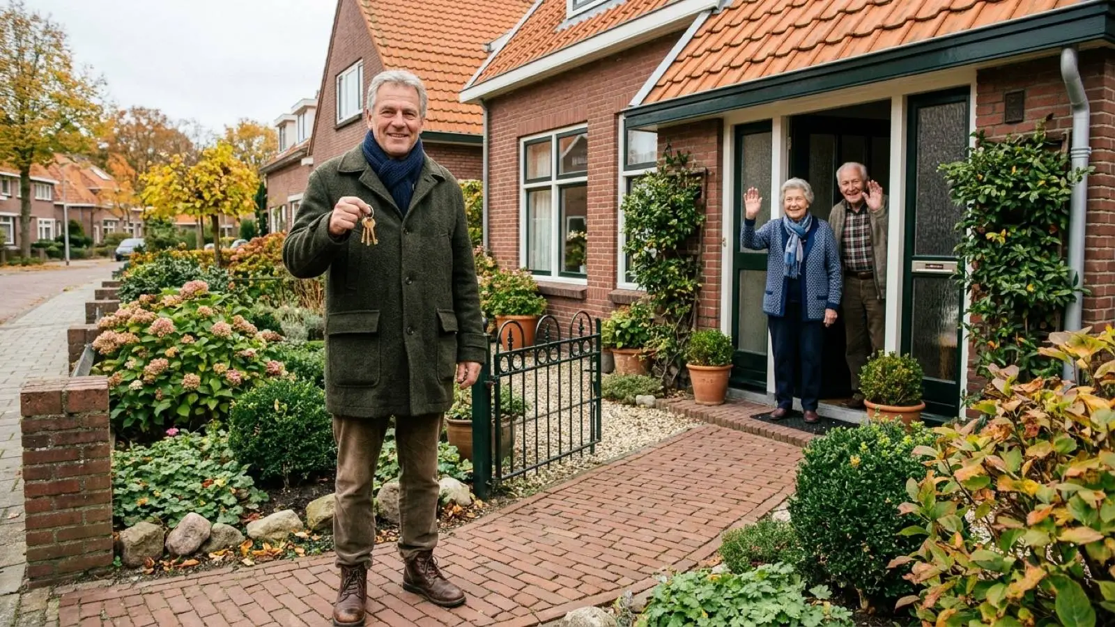 Oudere Nederlandse man met huissleutels voor de woning waarin zijn ouders wonen