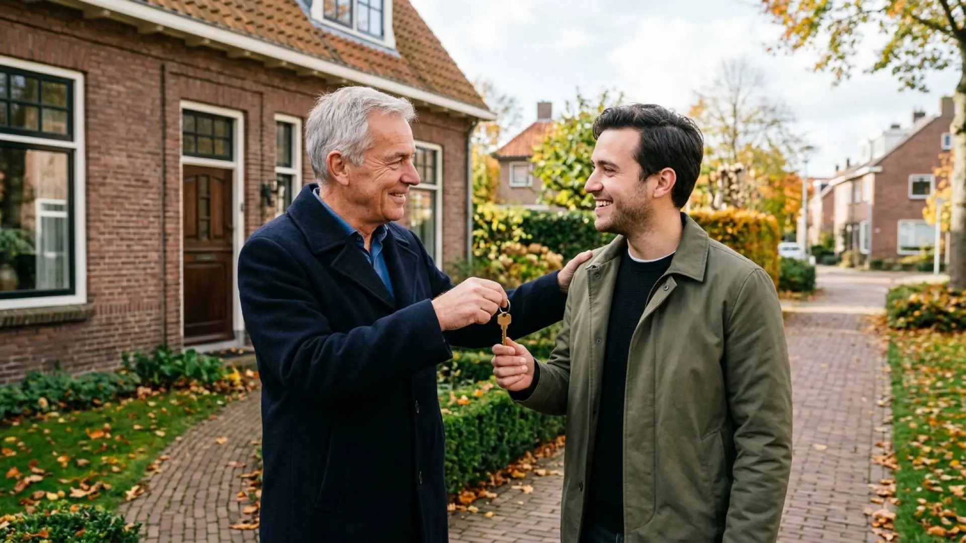 Vader van midden zestig overhandigt op het tuinpad voor een bakstenen koopwoning een huissleutel aan zijn volwassen zoon.