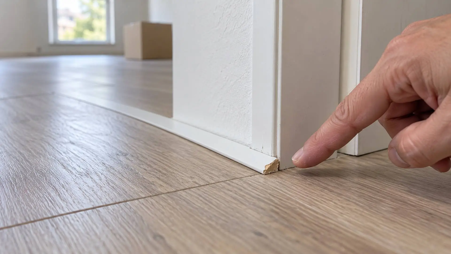 Een hand die een beschadigde plint in een lege huurwoning aanwijst.