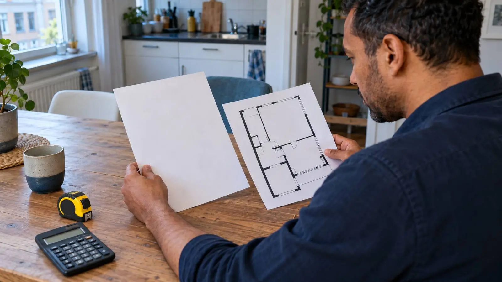 Illustratie van een huurder die thuis een huurcontract en plattegrond bekijkt, met een rolmaat op tafel.