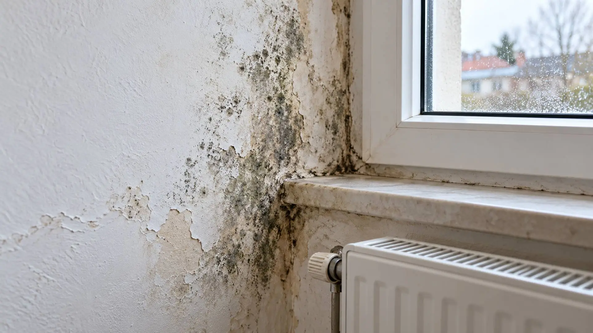 Schimmel en vochtschade bij een raam in een huurwoning.