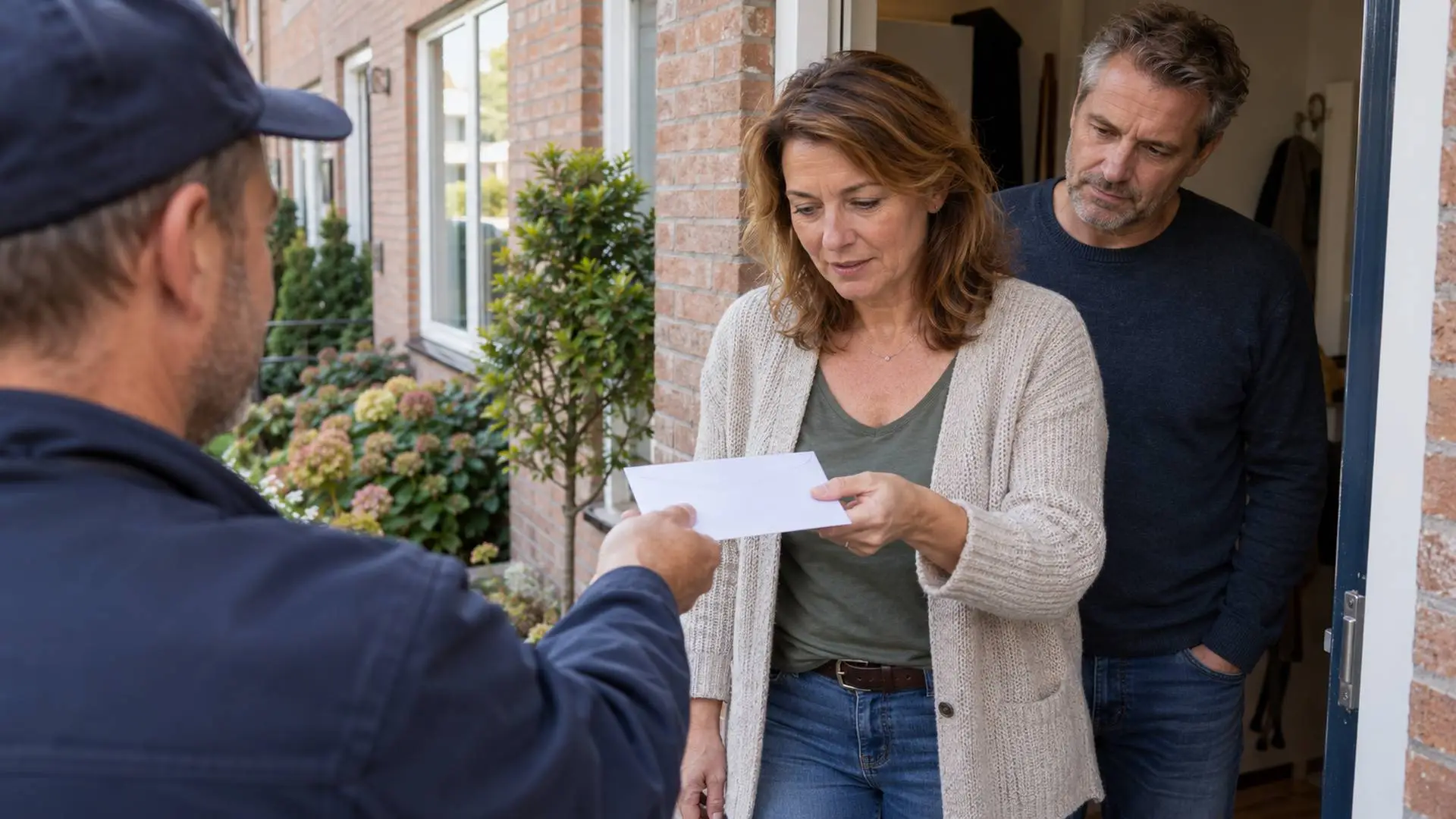Postbode overhandigt een blanco envelop aan een vrouw bij de voordeur, terwijl haar man vanuit de gang meekijkt.