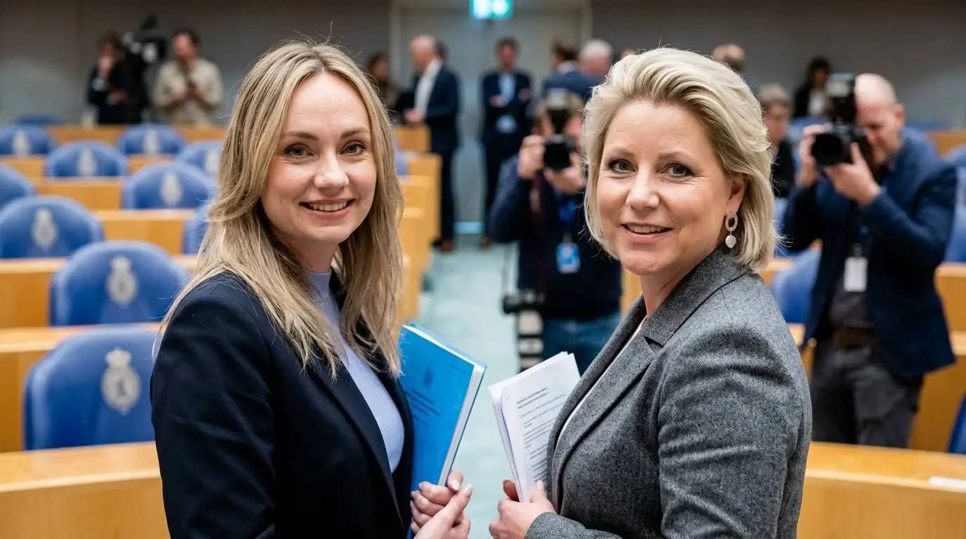 D66-Kamerlid Ilana Rooderkerk en D66-minister Rianne Letschert tijdens een debat over de rente op studieschulden
