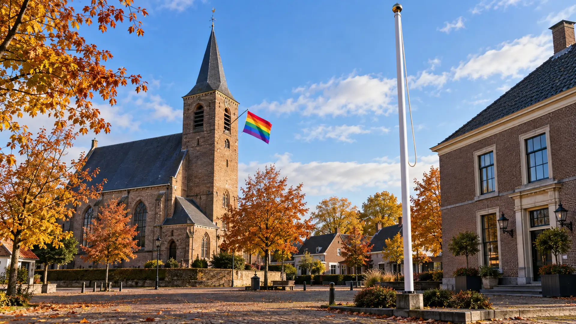 Dorpskerk met regenboogvlag aan de toren en een lege vlaggenmast bij het gemeentehuis, na het lhbti-besluit in Oldebroek
