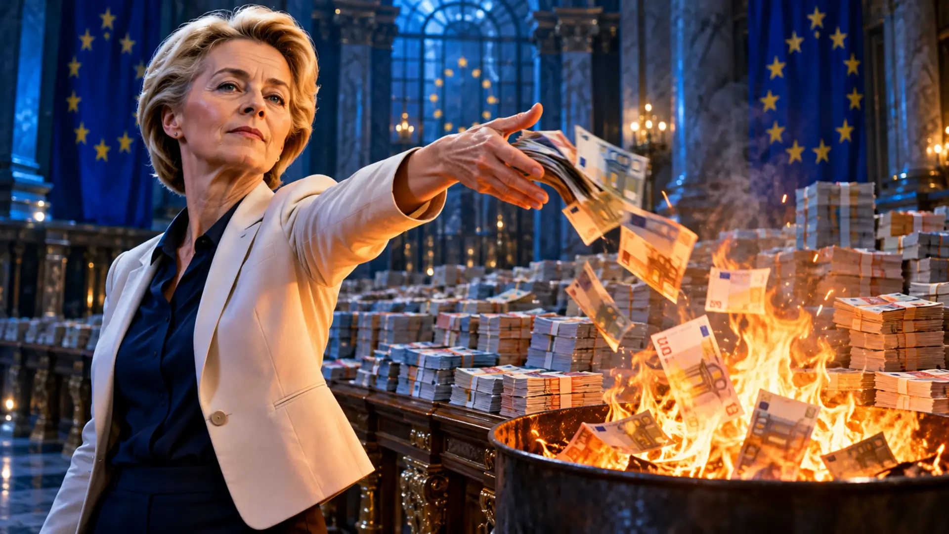 Ursula von der Leyen gooit eurobiljetten in een brandende ton tussen stapels geld, symbool voor de stijgende EU-schuld
