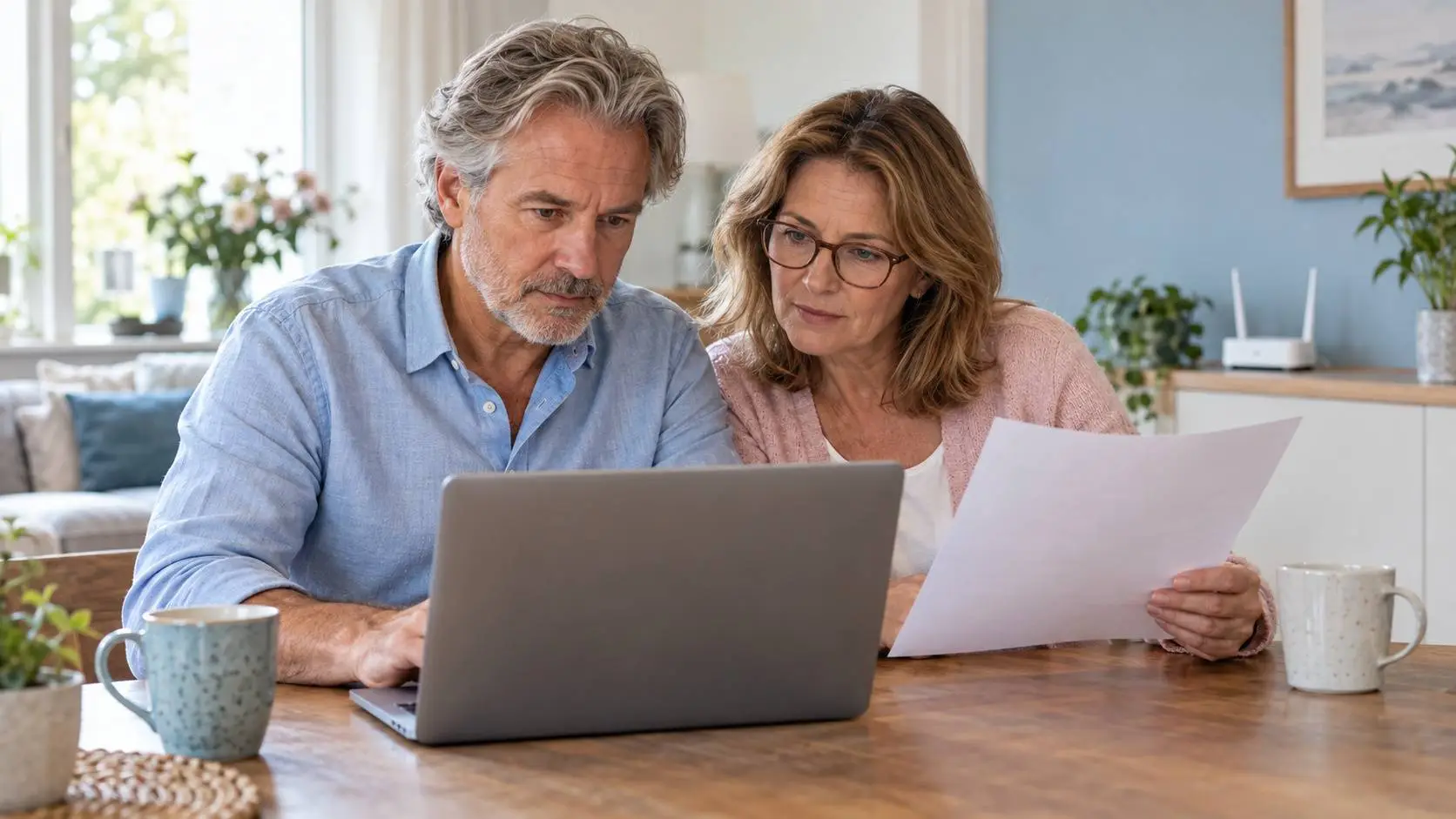 Stel bekijkt samen een laptop en een papieren rekening, met een wifi-router op de achtergrond.