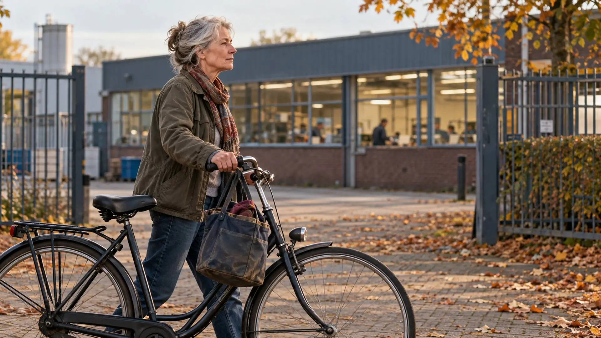 Vrouw loopt met haar fiets en een werkkledingtas weg van een fabrieksterrein.