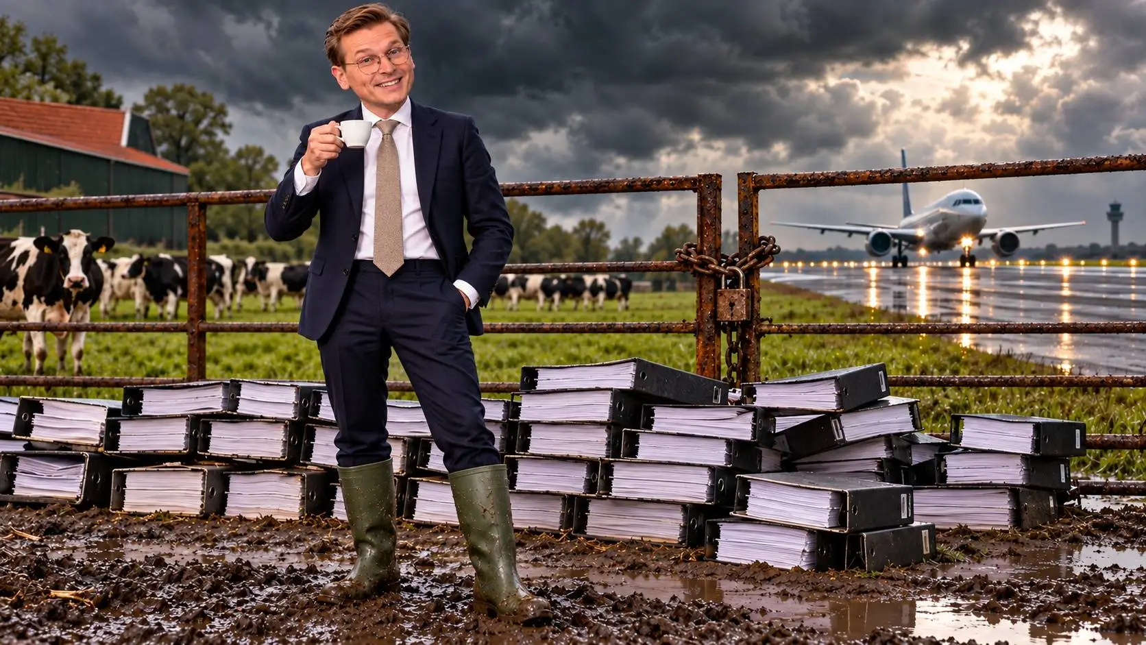 AI-illustratie van een glimlachende Jaimi van Essen met koffie op een modderig erf, voor stapels dossiers en een gesloten hek met daarachter koeien en een vliegtuig.