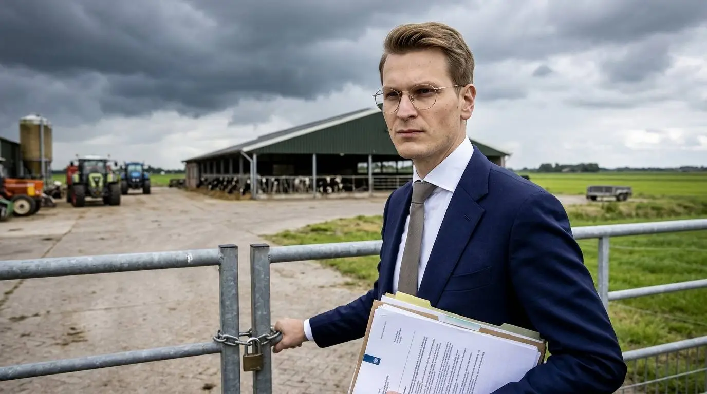 D66-minister Jaimi van Essen met stikstofdossiers bij het gesloten hek van een Nederlands melkveebedrijf