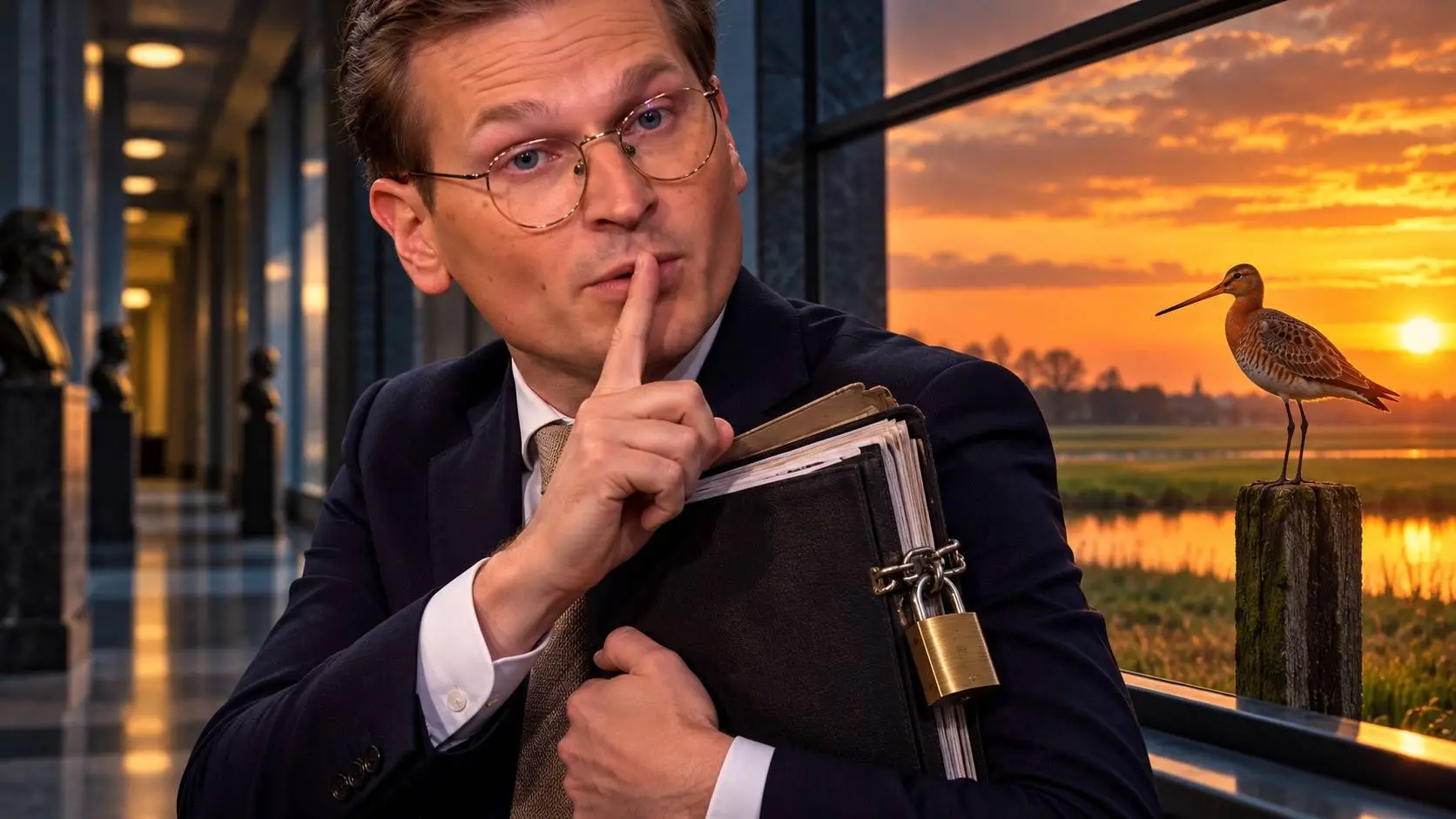 AI-Illustratie van Jaimi van Essen met een afgesloten dossiermap en een vinger voor zijn lippen, met buiten een grutto op een paaltje.