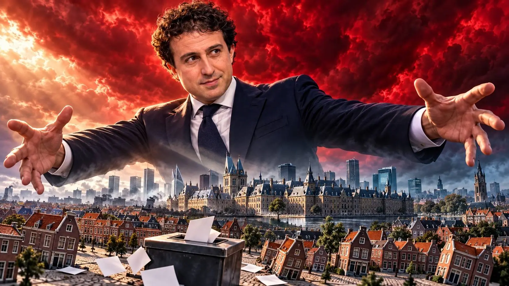 Satirische AI-illustratie van Jesse Klaver als reus boven Nederland, met rode stormwolken, scheefstaande huizen en een stembus.