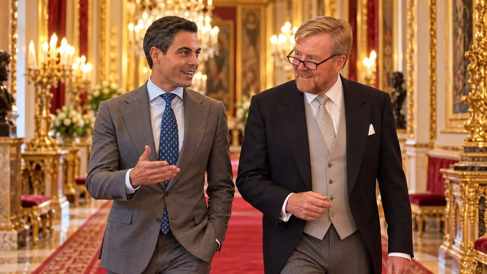 Jetten en koning Willem-Alexander lopen lachend door een paleisgang met rode loper en kroonluchters