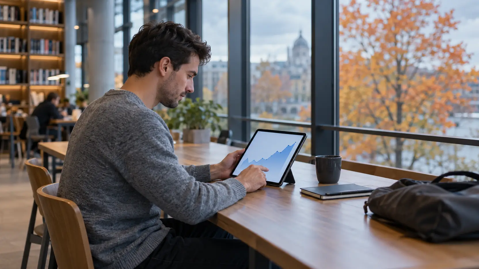 Jonge man in grijze trui kijkt in een bibliotheek naar een tablet met een stijgende lijngrafiek