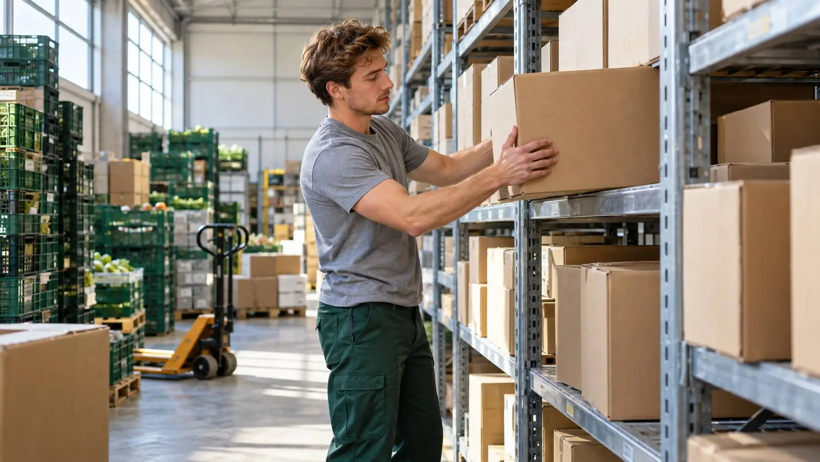 Jonge man zet een doos in een magazijnrek van een supermarkt, met kratten en een palletwagen op de achtergrond.