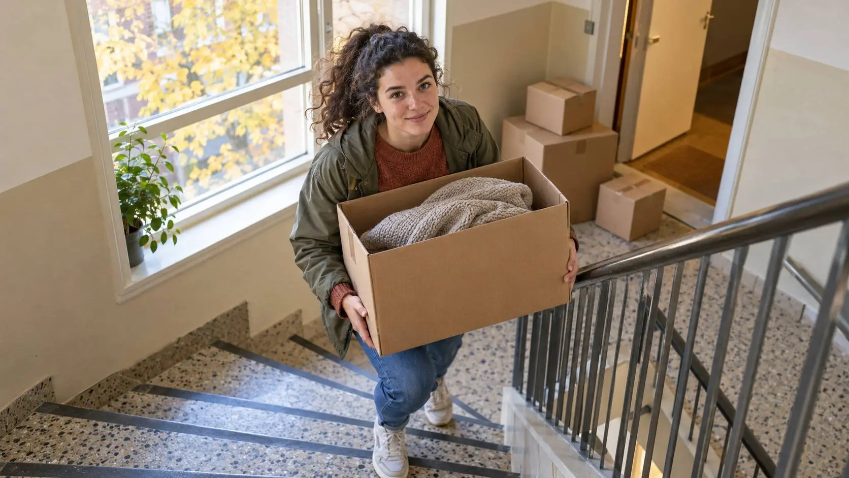 Jonge vrouw draagt een verhuisdoos de trap op van een portiekflat, met meer dozen op de overloop.
