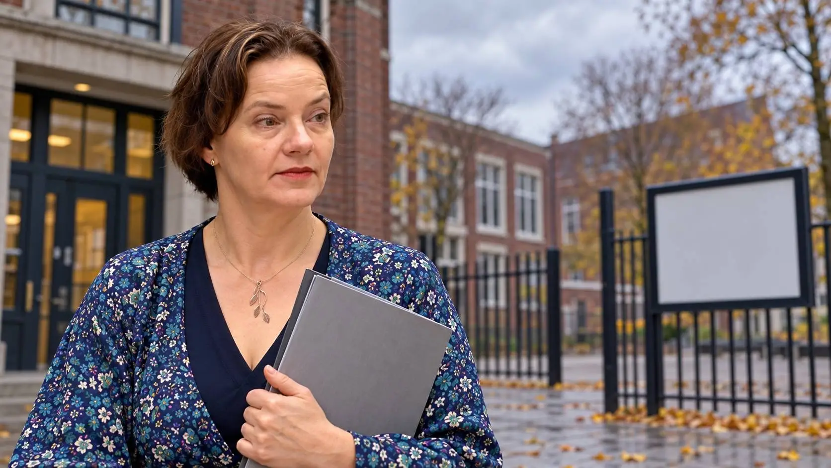 AI-illustratie van Judith Tielen met een dunne dossiermap voor een fictief schoolgebouw in Amsterdam.