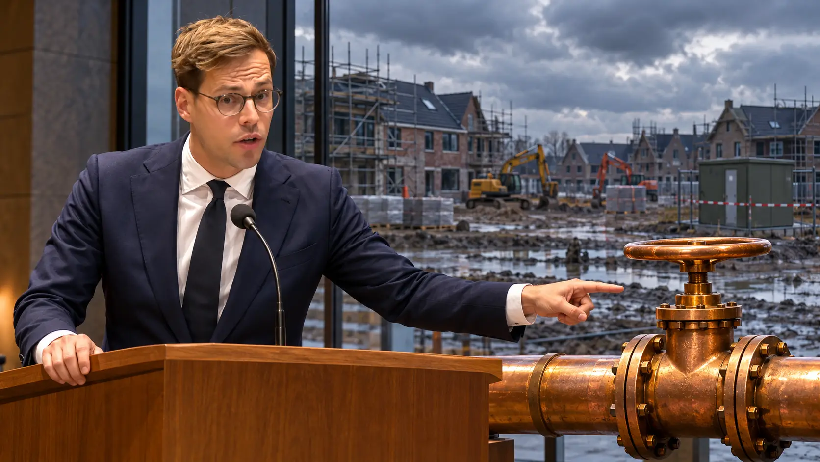 Illustratie van Jurgen Nobel die bij een spreekgestoelte naar een koperen gaskraan wijst, met een stilgevallen nieuwbouwwijk op de achtergrond.
