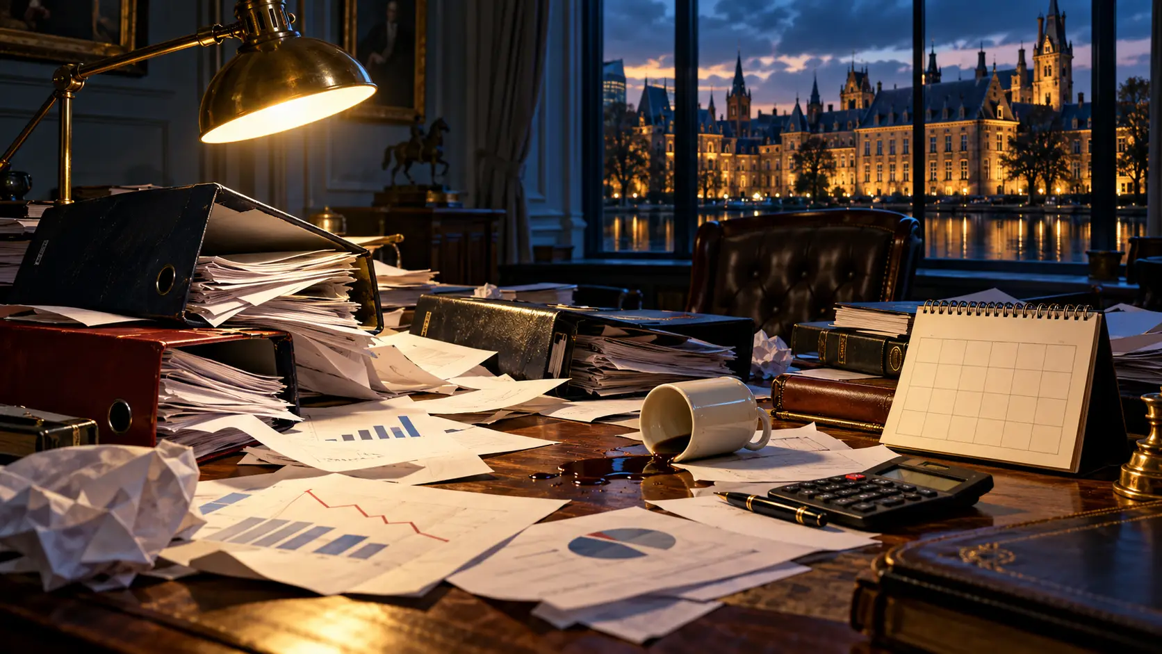 Een chaotisch bureau met begrotingsmappen, losse papieren en gemorste koffie, met het Binnenhof op de achtergrond.