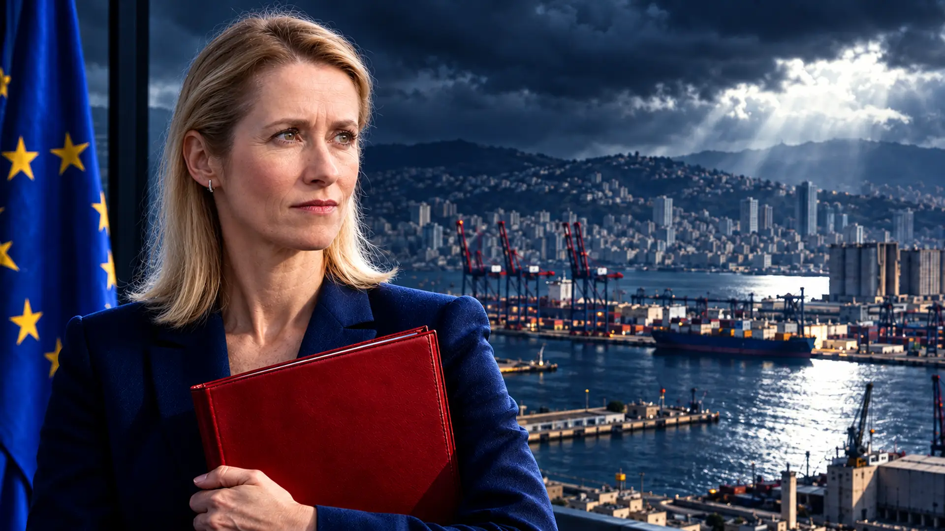 Illustratie van Kaja Kallas met een rood dossier, een Europese vlag en de haven van Beiroet op de achtergrond.