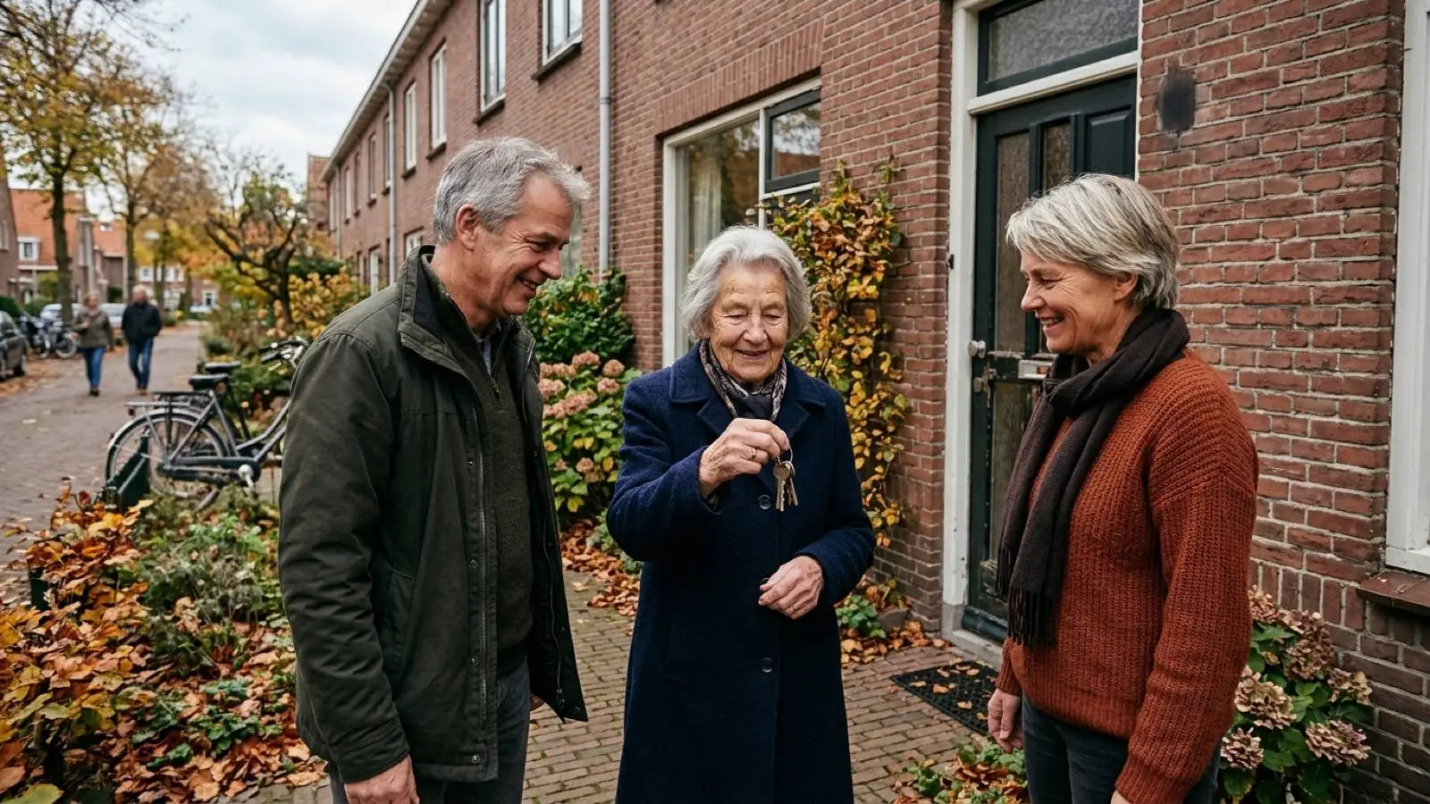 Een hoogbejaarde Nederlandse moeder staat met haar volwassen zoon en dochter bij de voordeur van haar verkochte woning.