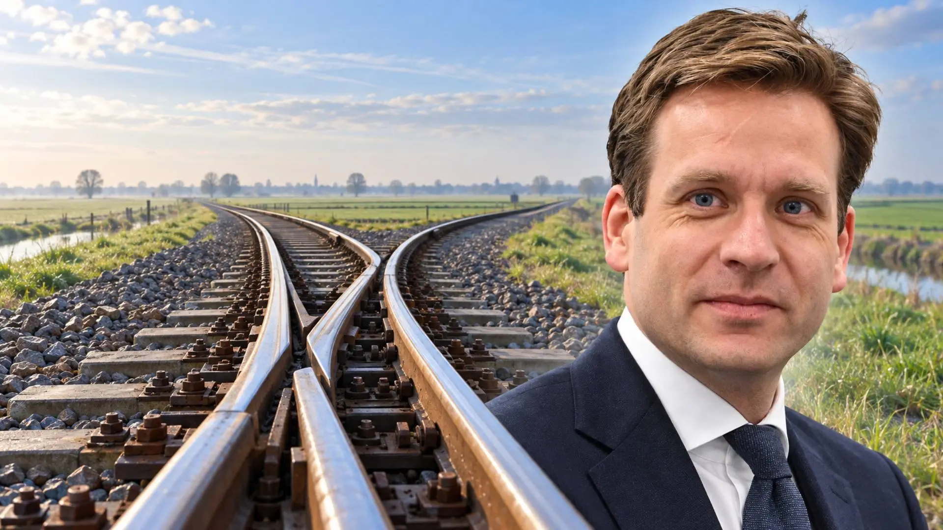 Illustratie van Vincent Karremans naast een spoorwissel in een vlak Nederlands landschap.