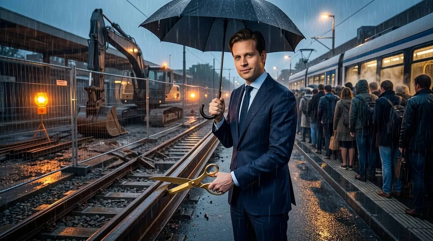 Minister Vincent Karremans staat in pak onder een paraplu en knipt met een grote schaar een spoorlijn door naast een stilgelegde bouwplaats met een graafmachine, terwijl achter hem op een regenachtig perron reizigers voor een volle tram wachten