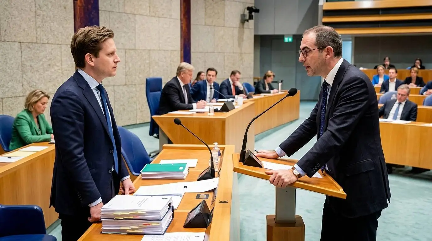 VVD-minister Vincent Karremans in Vak K en FVD-Kamerlid Peter van Duijvenvoorde tijdens het debat over infrastructuur