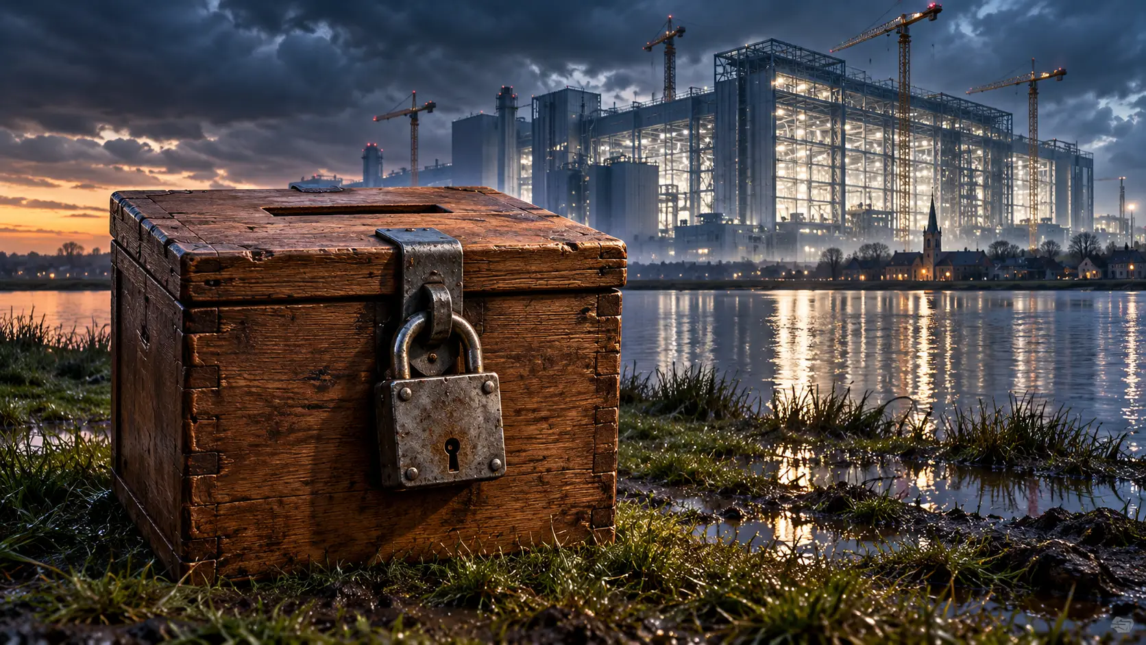 Een houten stembus met een zwaar hangslot aan een Hollands meer, met een reusachtige verlichte fabriek op de achtergrond.