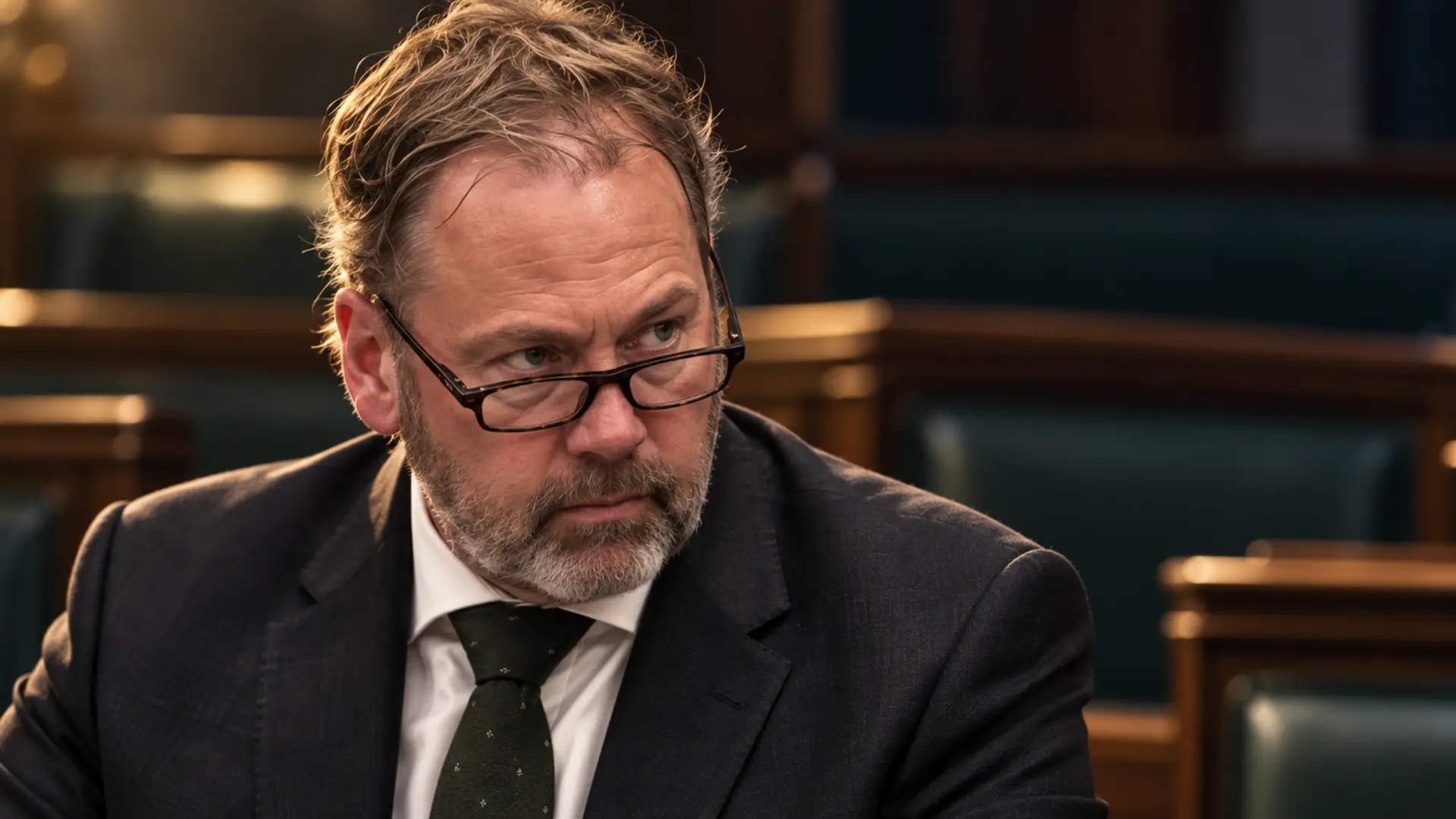 Portretillustratie van FVD-senator Kemperman met een felle, vastberaden blik en een donkere parlementaire zaal op de achtergrond.