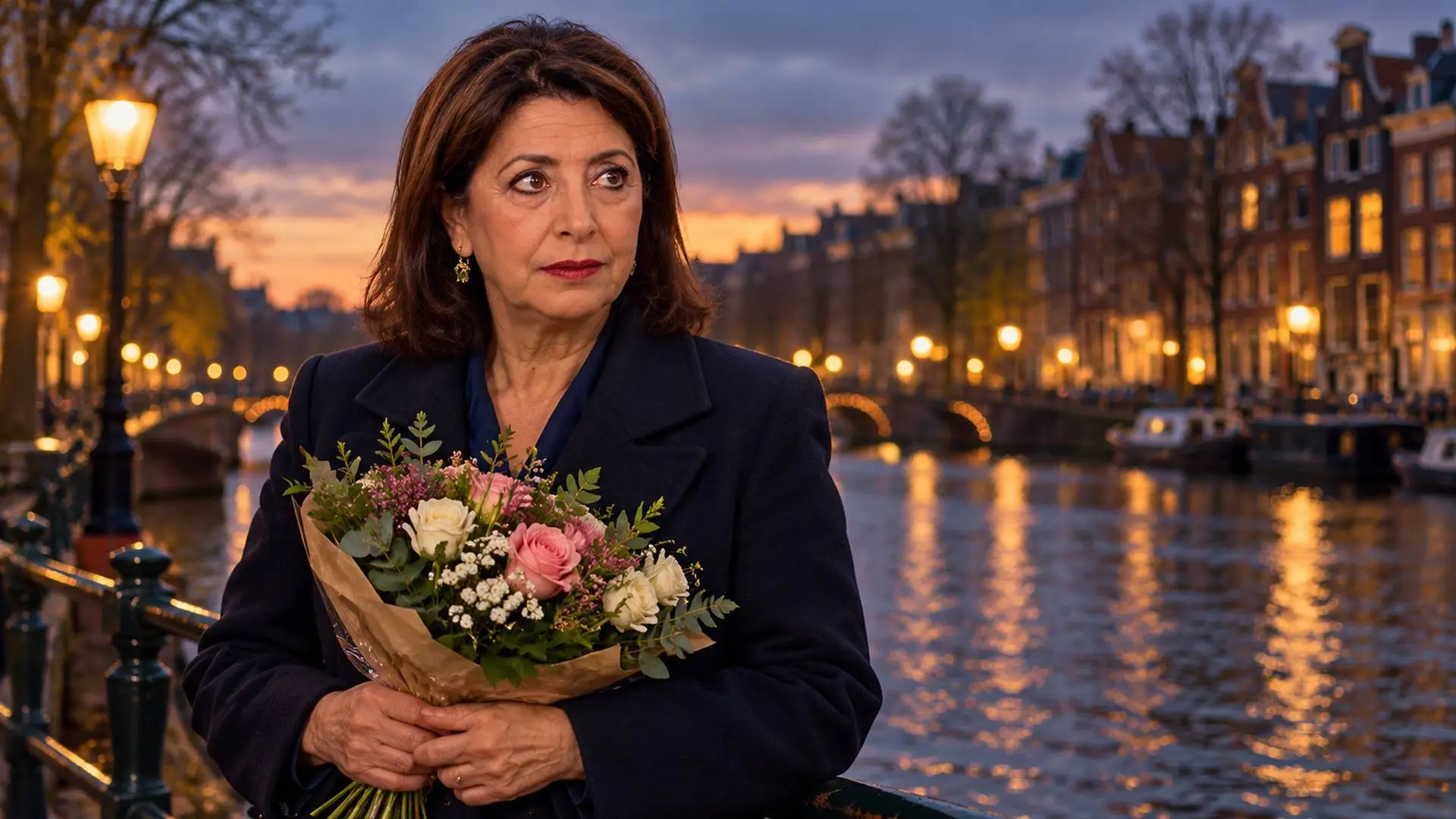 Redactionele illustratie van Khadija Arib met bloemen aan de Amstel in Amsterdam.