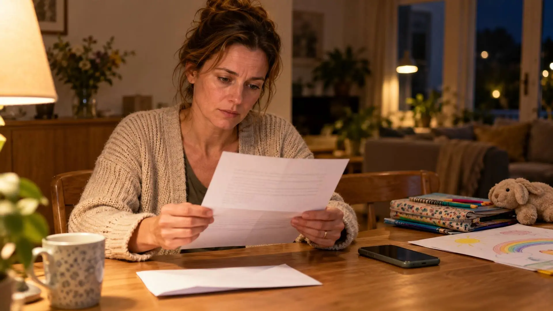 Moeder leest aan de eettafel een brief over haar toeslag, met schoolspullen op de achtergrond