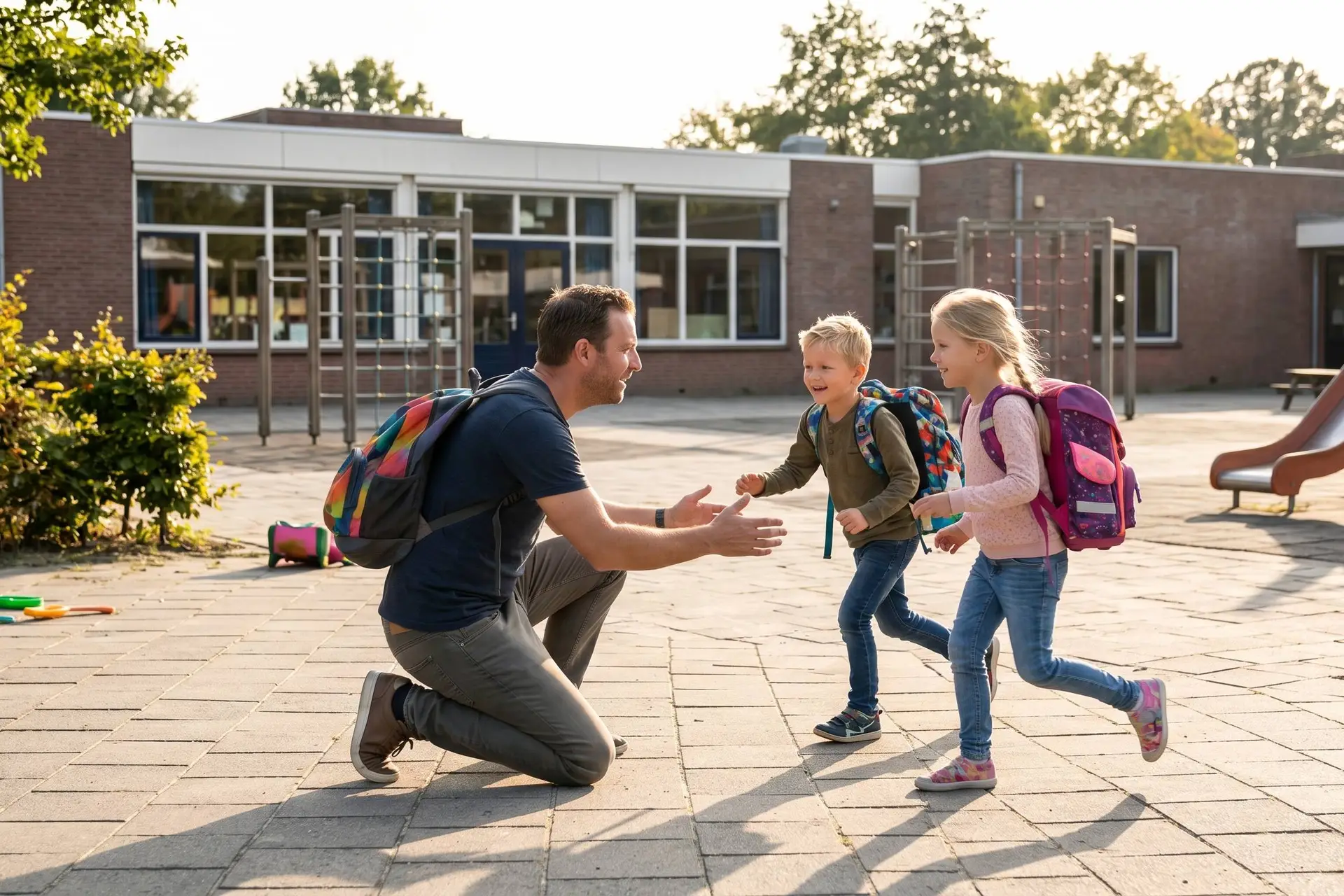 Vader vangt zijn twee kinderen op die over het speelplein van de buitenschoolse opvang naar hem toe rennen