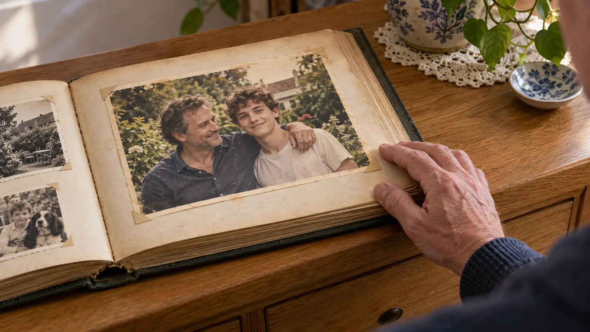 Een hand bij een oude familiefoto van een vader en zoon in een fotoalbum