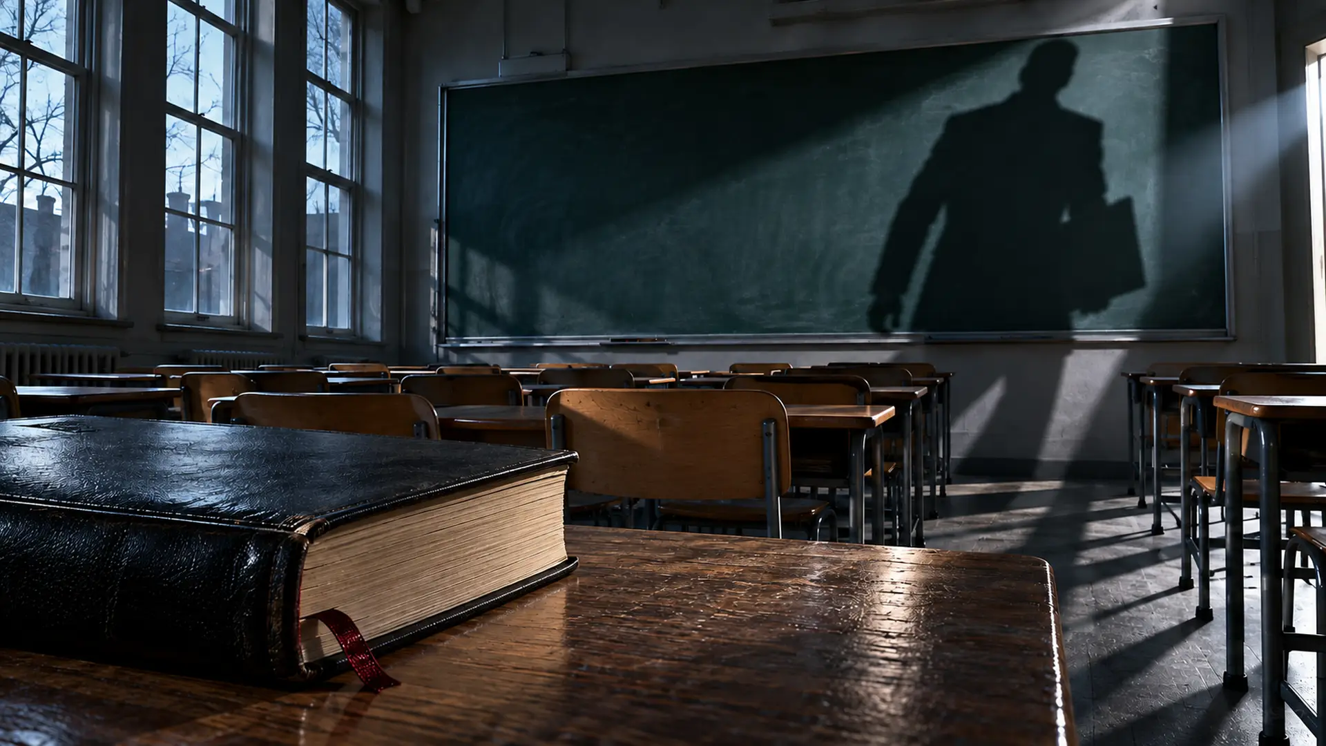 Een leeg klaslokaal met de slagschaduw van een inspecteur over de schoolbanken.