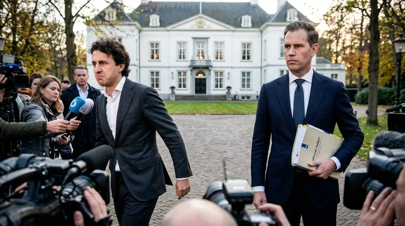 Jesse Klaver (PRO) en minister Eelco Heinen (VVD) buiten het Catshuis na het mislukte overleg over het Belastingplan.